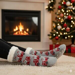 Maurices Gray Teddy Socks with Red Truck Pattern